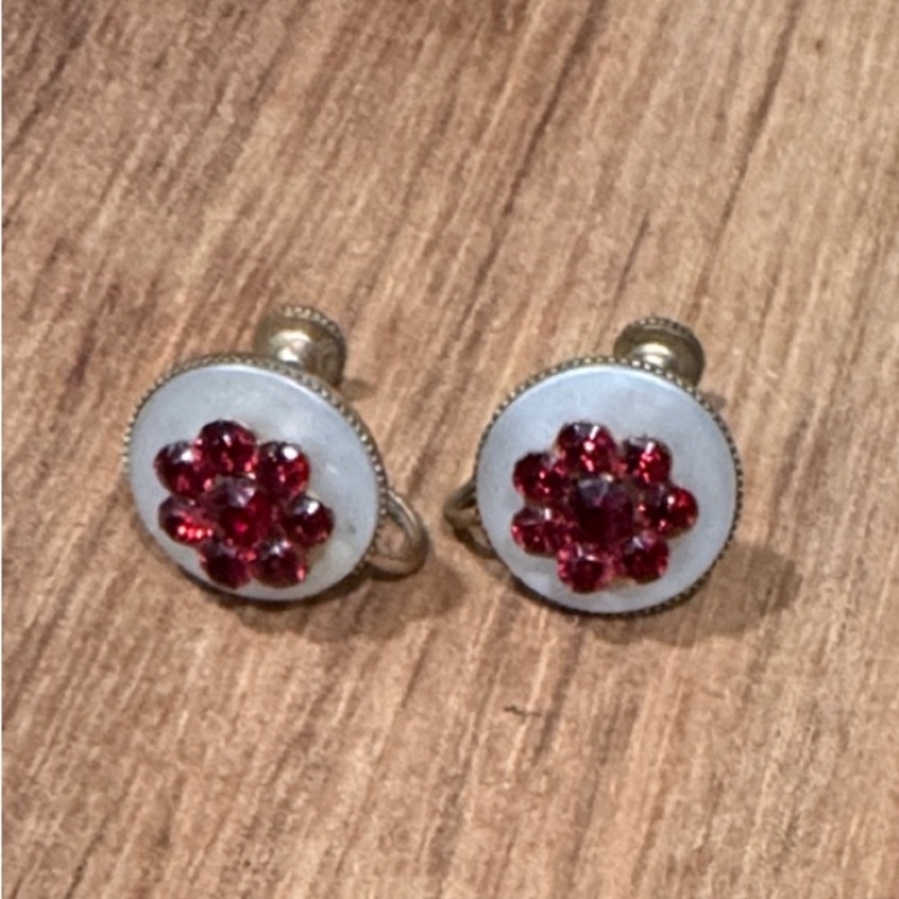 Vintage Red Crystal Flower Screwback Earrings